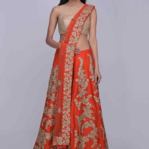 Red raw silk lehenga with red net dupatta