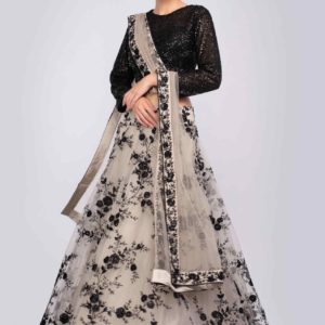 Taupe grey resham embroidered net lehenga and dupatta with contrasting black crop top